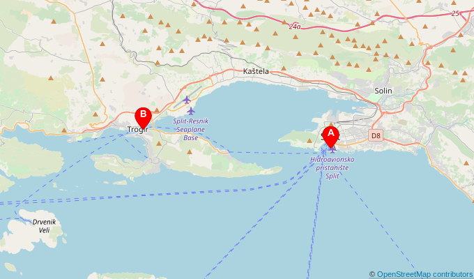 Map of ferry route between Split and Trogir